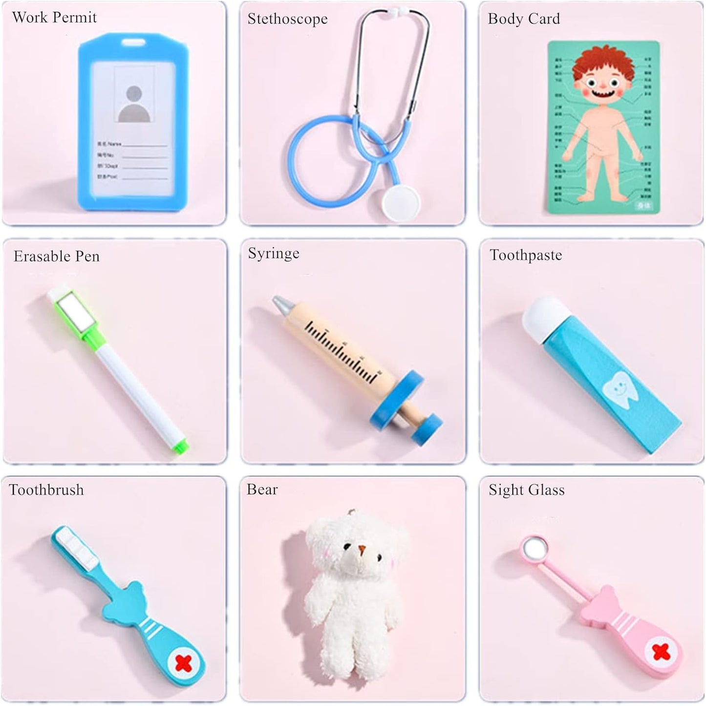 Detailed wooden molar and toothbrush from a kids' dentist educational role play set