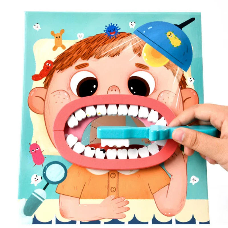 Toddler playing with wooden dentist kit, examining toy teeth for pretend play fun