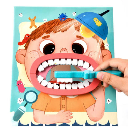 Toddler playing with wooden dentist kit, examining toy teeth for pretend play fun