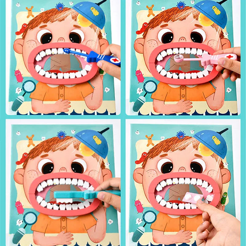 Close-up of wooden dentist tools: mirror, drill, and scaler, from a kids' play set