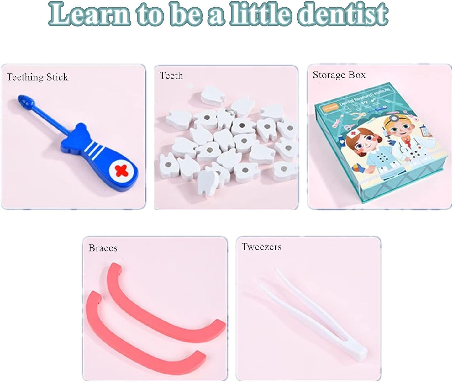 Educational wooden dentist play set encouraging imaginative role play in children