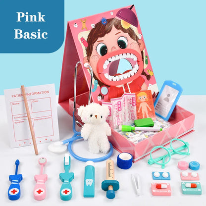Boy enthusiastically playing doctor with a wooden dentist toy set, learning about oral health