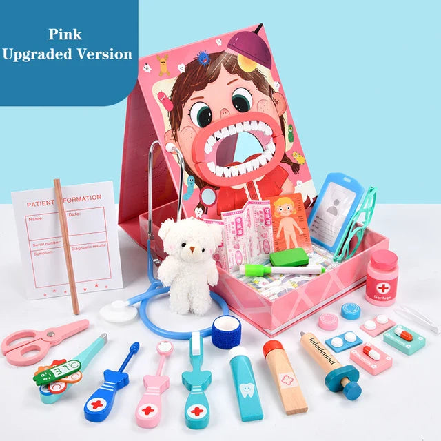 High-angle view of a wooden dentist play set laid out, ready for pretend play activities