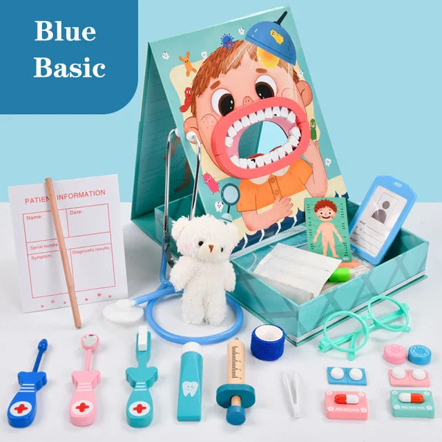 Wooden dentist chair and patient toy included in an educational kids' play set