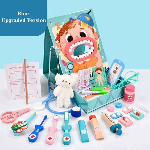 Open wooden dentist kit box revealing neatly organized toy dental instruments for toddlers