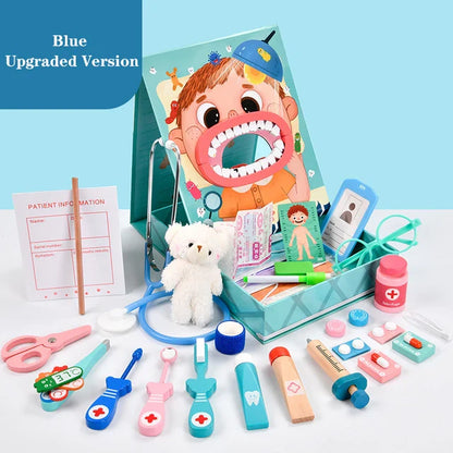 Open wooden dentist kit box revealing neatly organized toy dental instruments for toddlers