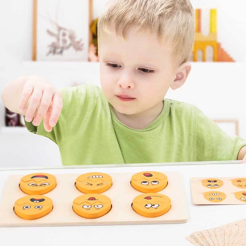 Kids wooden emotion matching egg game toy with various expressive faces for cognitive skill development
