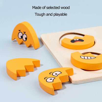 Close-up of kids learning toy: wooden egg game for matching emotions, cognitive development