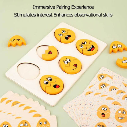 Toddler playing with wooden emotion matching egg game, a fun and educational activity toy
