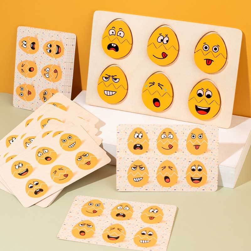 Child selecting matching emotions in a wooden egg game, a cognitive skill building toy