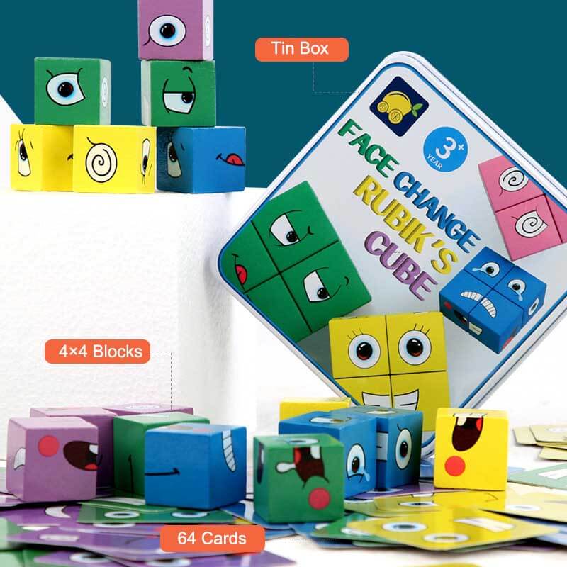 Toddler arranging beechwood cubes for a face matching logic game, portable activity