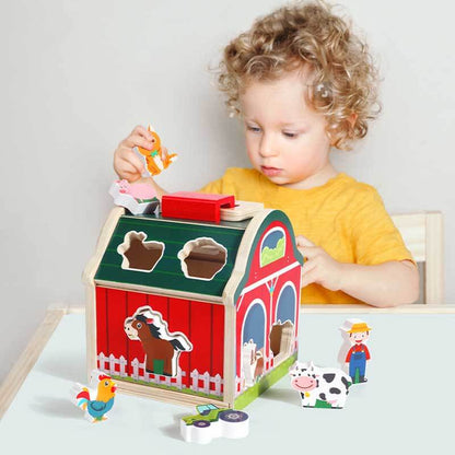 Kids wooden farm sorting barn play set for toddlers, educational toy for motor skills development