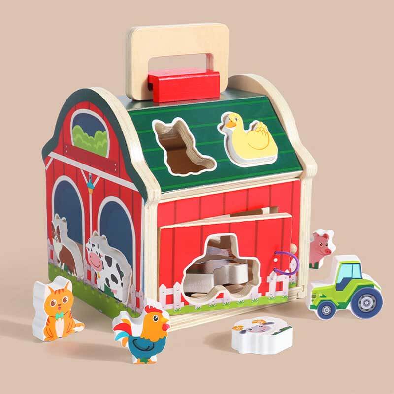 Wooden shape sorter barn with farm animals, educational toy for young children's imaginative play
