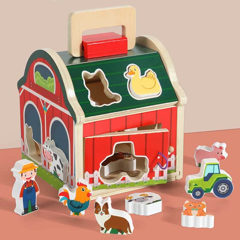 Educational wooden sorting barn play set, perfect for learning animal shapes and colors