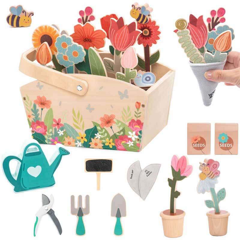 Kids wooden gardening tool play set for imaginative outdoor pretend play, educational toddler toy