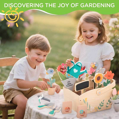 Close-up of a child's hand holding a wooden shovel from a gardening tool play set, fine motor skills