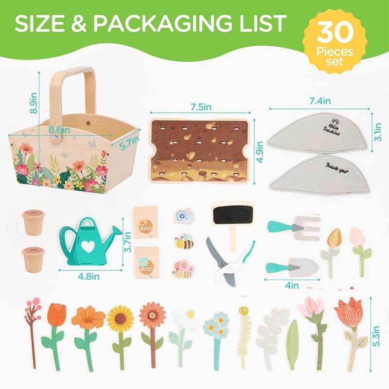 Assortment of colorful wooden gardening tools: trowel, rake, watering can, for preschool learning