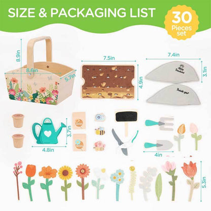 Assortment of colorful wooden gardening tools: trowel, rake, watering can, for preschool learning