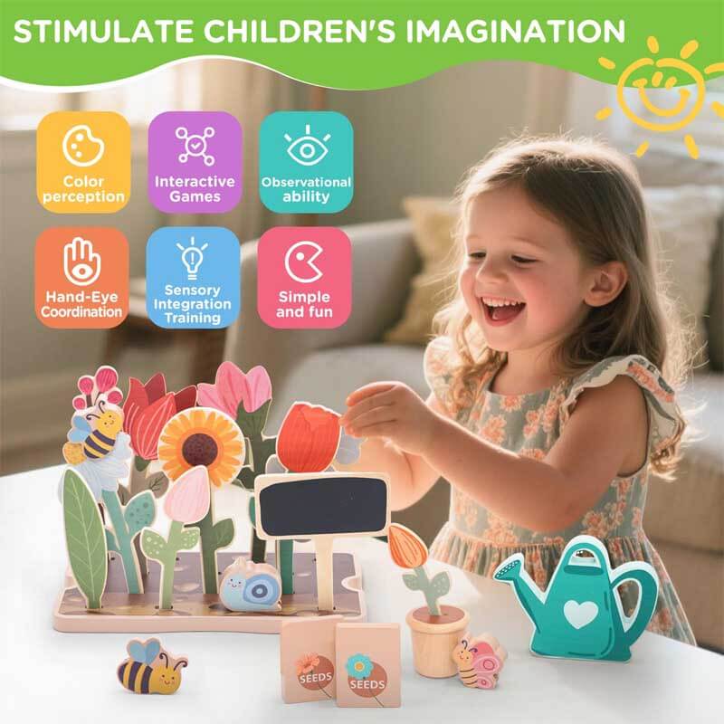 Toddler playing with a wooden gardening tool set in a sandbox, developing stem skills