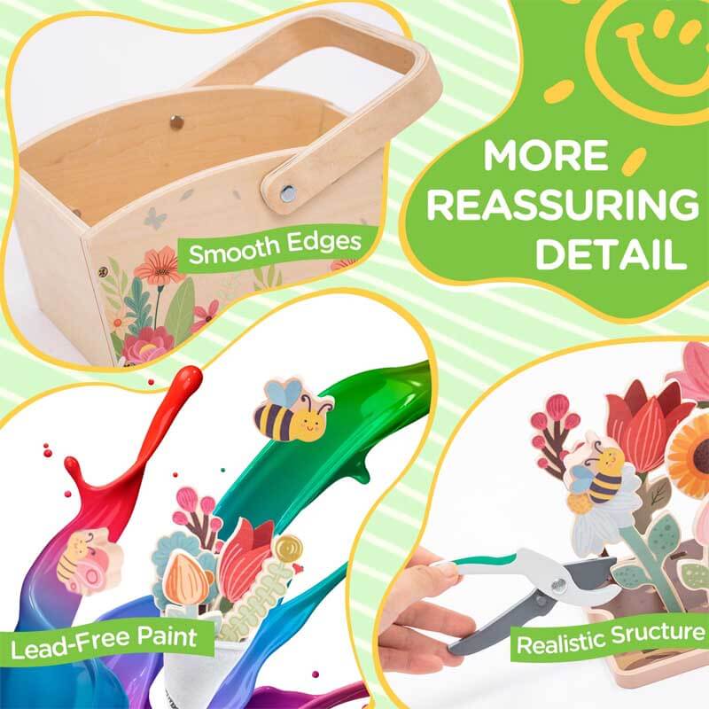 Wooden gardening tool play set with rake, shovel, and spade, perfect for kids outdoor activities