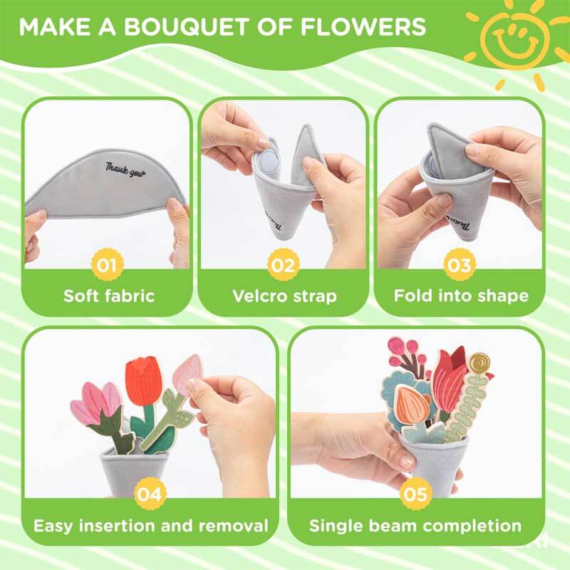 Educational wooden gardening tool set displayed on a white background, promotes imaginative play