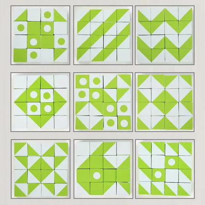 Hands arranging colorful wooden geometric thinking game blocks, kids activity