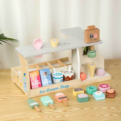 Kids wooden ice cream shop counter set with colorful scoops, cones & toppings for pretend play.