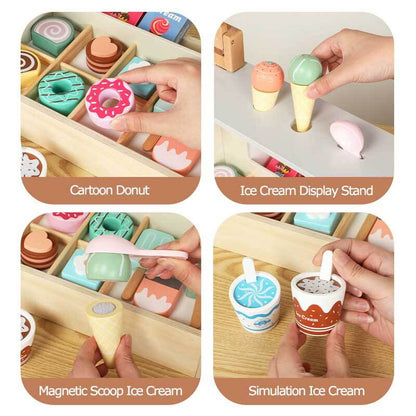 Wooden pretend play ice cream shop counter, activity toy with various ice cream accessories.