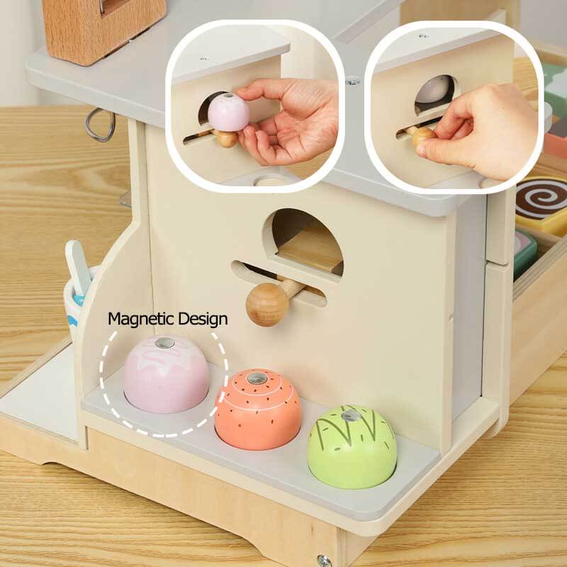 Child enjoying a kids play food wooden ice cream shop set, promoting creative pretend play.