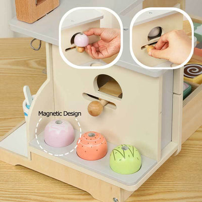 Child enjoying a kids play food wooden ice cream shop set, promoting creative pretend play.