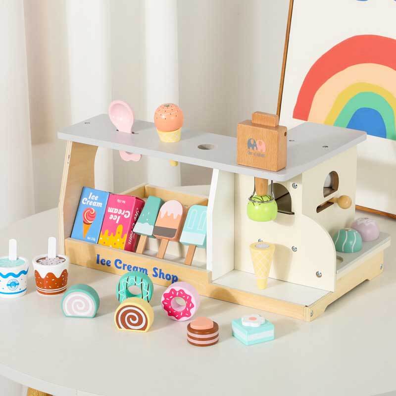 Detailed wooden ice cream shop counter toy, great for developing social skills in toddlers.