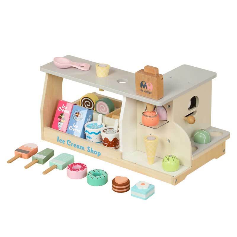 Activity toy: Wooden ice cream shop set featuring a counter, cones, & scoops for kids' pretend play.