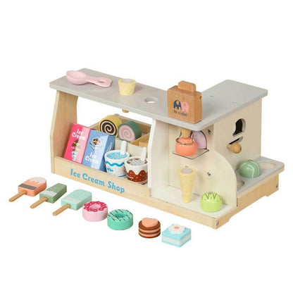 Activity toy: Wooden ice cream shop set featuring a counter, cones, & scoops for kids' pretend play.