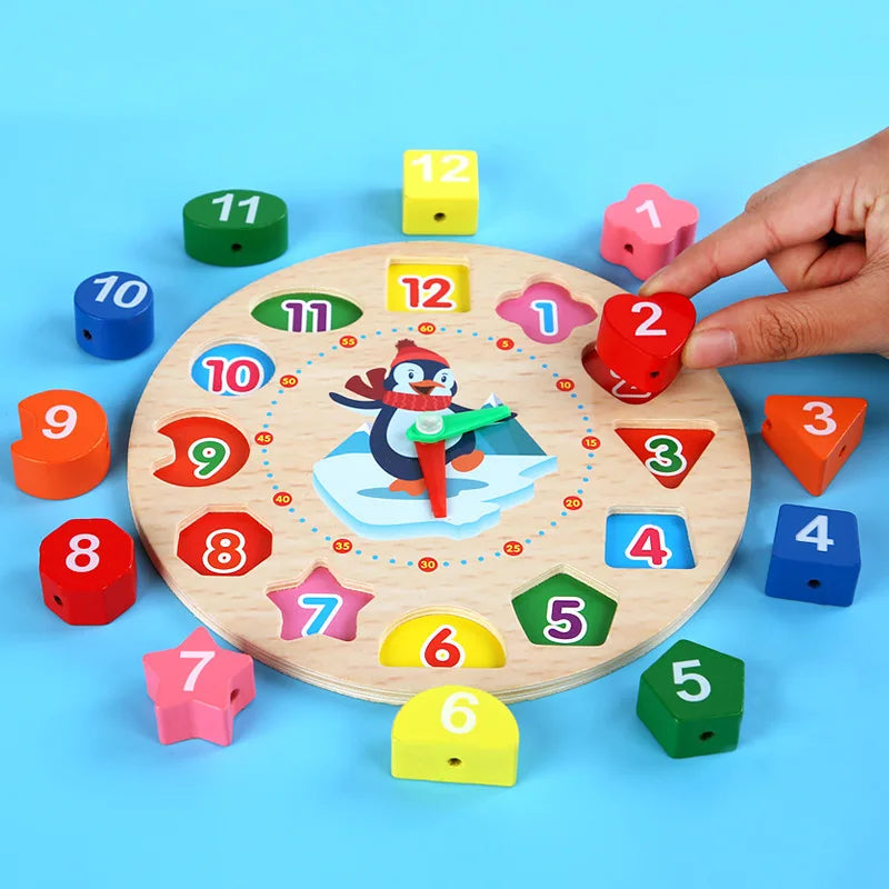 Educational wooden clock toy with numbers and colors, ideal for STEM learning in children