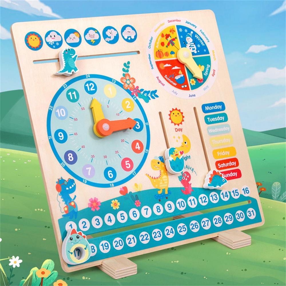 Kids' wooden learning clock toy with weather, calendar, time telling, and seasons for preschool development