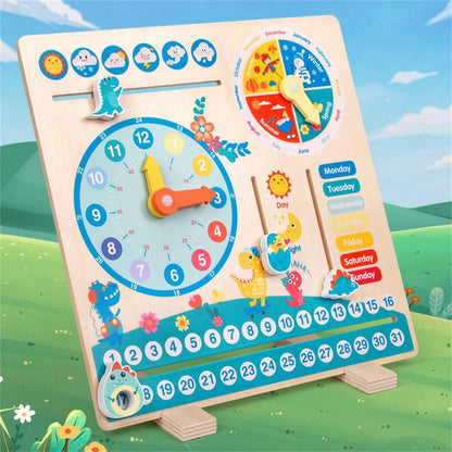 Kids' wooden learning clock toy with weather, calendar, time telling, and seasons for preschool development