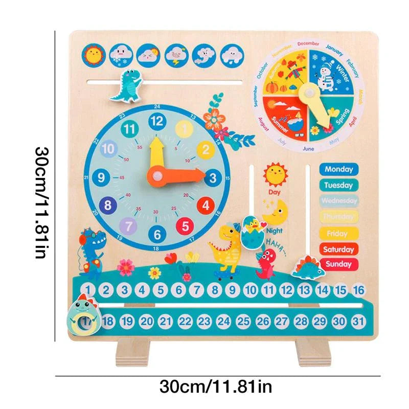 Educational wooden clock for children, teaching time, date, weather, and seasons; an ideal kids' activity toy