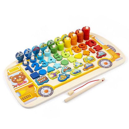 Child enjoying educational magnetic fishing game, learning alphabets and number recognition, toddler fun
