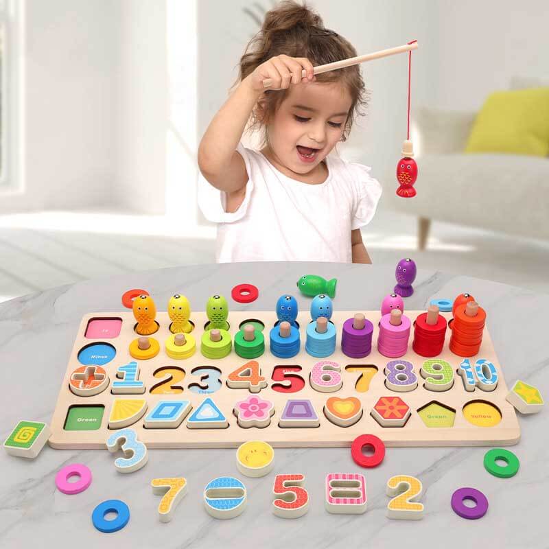 Magnetic fishing game for early learning, featuring bright alphabet & number pieces, wooden toy
