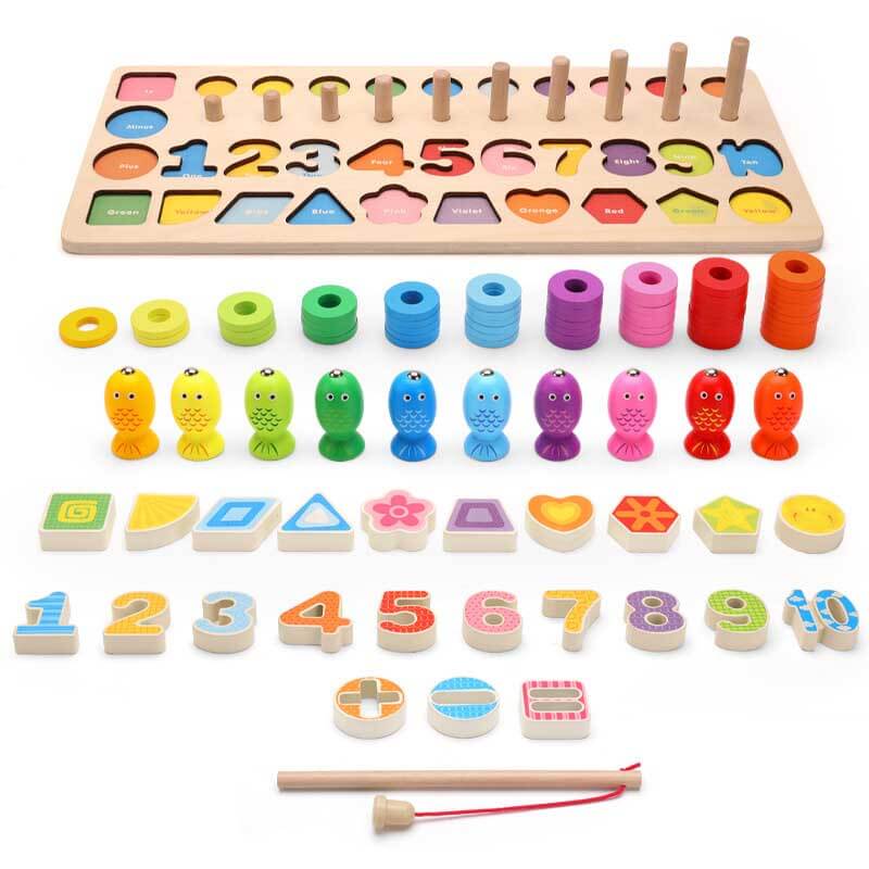 Complete set of kids' magnetic number & alphabet fishing game, engaging wooden educational toy activity