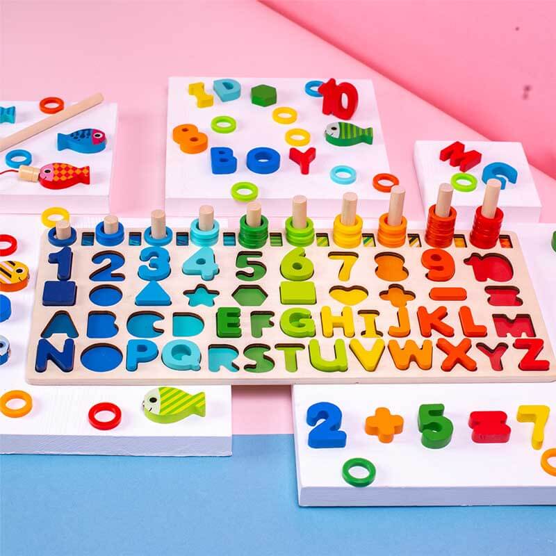 Toddler playing magnetic alphabet & number fishing game, developing motor skills, educational wooden toy