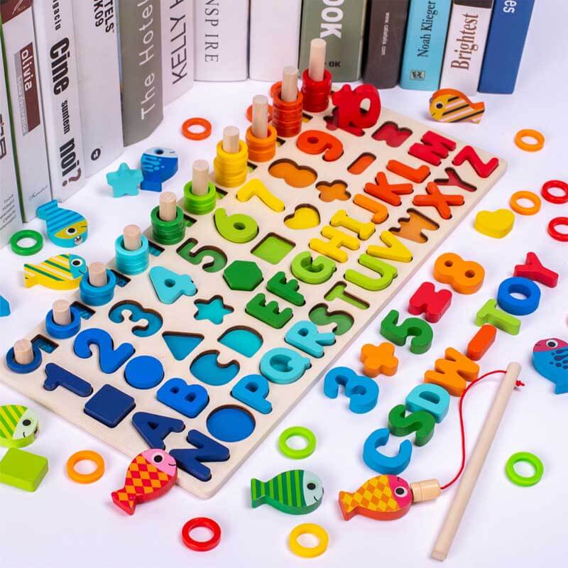 Colorful magnetic fish with numbers and letters for kids' educational fishing game, learning toy