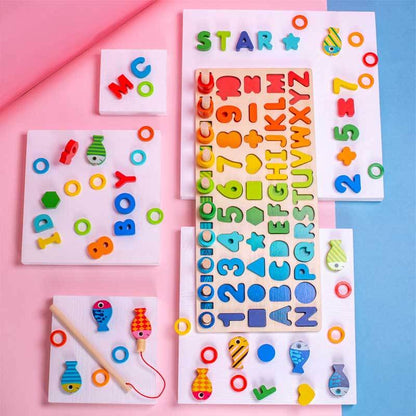Close-up of child's hand catching a magnetic letter with a wooden fishing rod, alphabet learning game