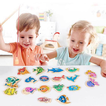 Kids wooden magnetic fishing game with colorful fish, poles, and a blue base, an educational toddler toy