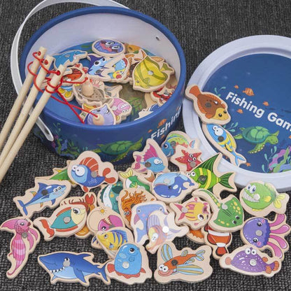Toddler playing with a wooden magnetic fishing game, catching a red fish with a pole, a fun learning toy