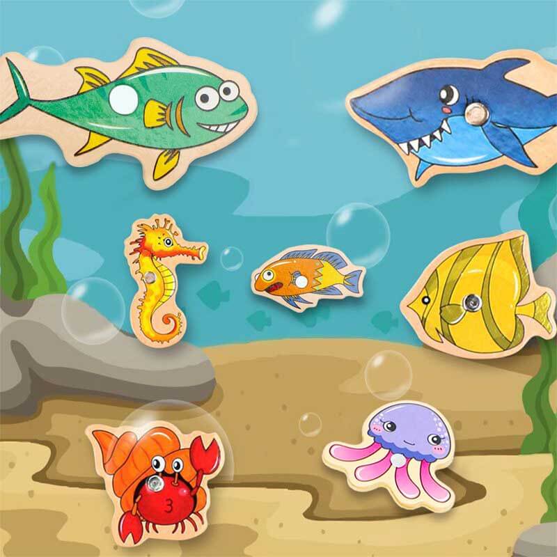 Educational wooden magnetic fishing game on a white background, highlighting its vibrant colors and smooth texture, kids gift