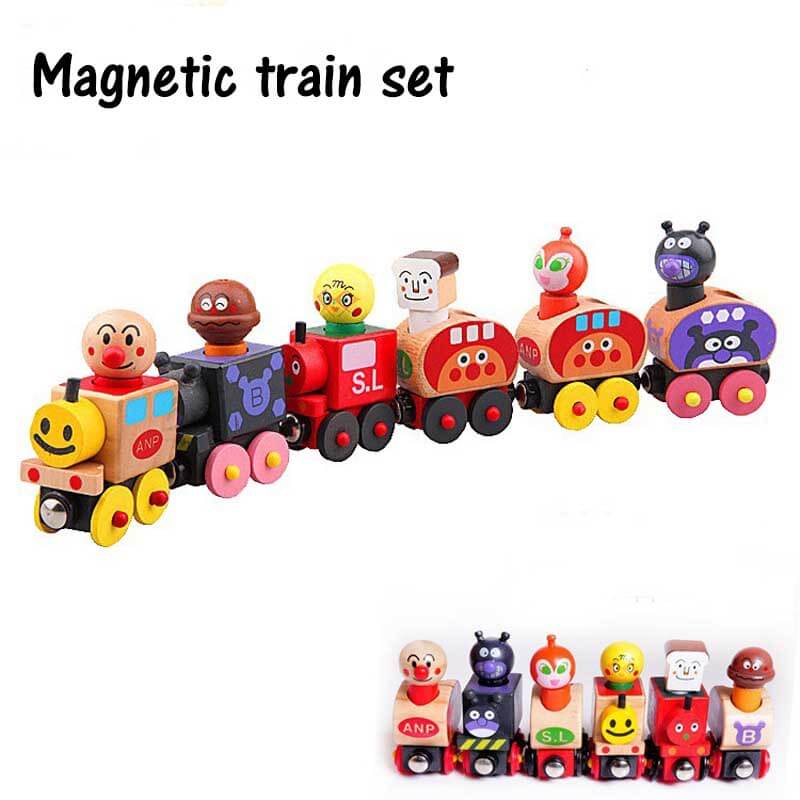 Kids wooden magnetic train set with cartoon characters, a preschool learning toy for toddlers