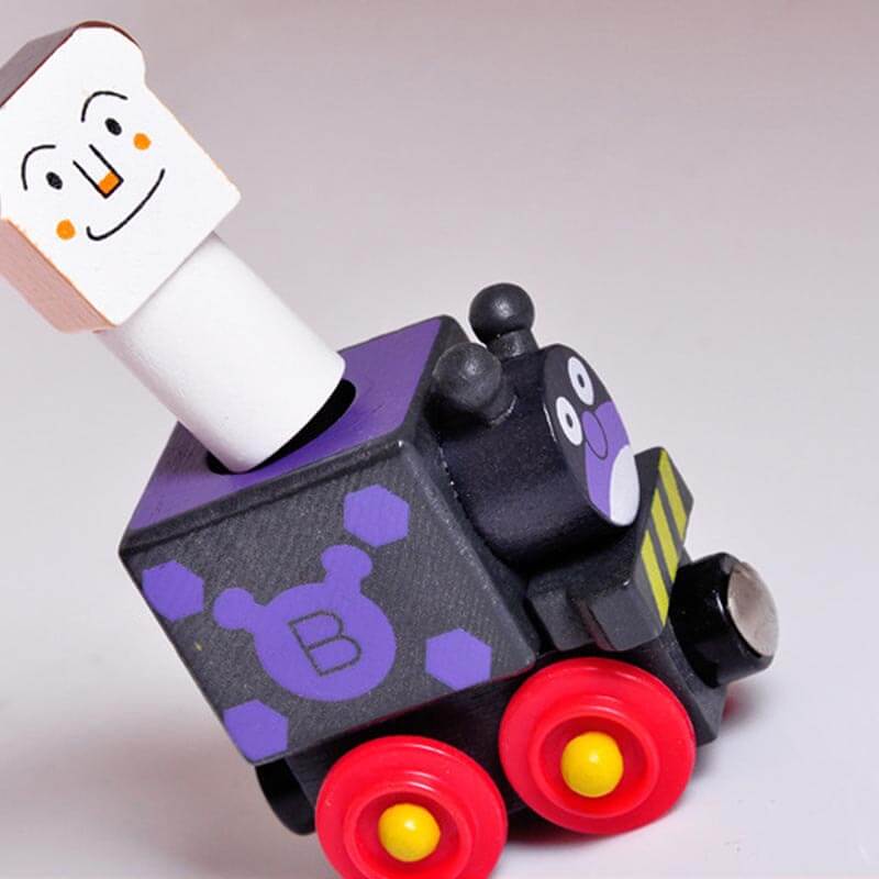 Educational wooden train set with magnetic connectors and fun cartoon characters for kids