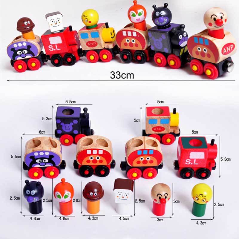 Colorful kids wooden train set, magnetic and educational, with various cartoon character designs