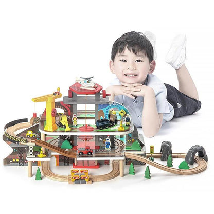 Kids wooden mine track train set with crane and bridges, ideal for imaginative play